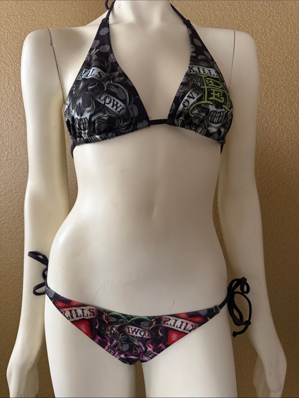 Ed Hardy Black and Gray Skull Print Triangle Bikini